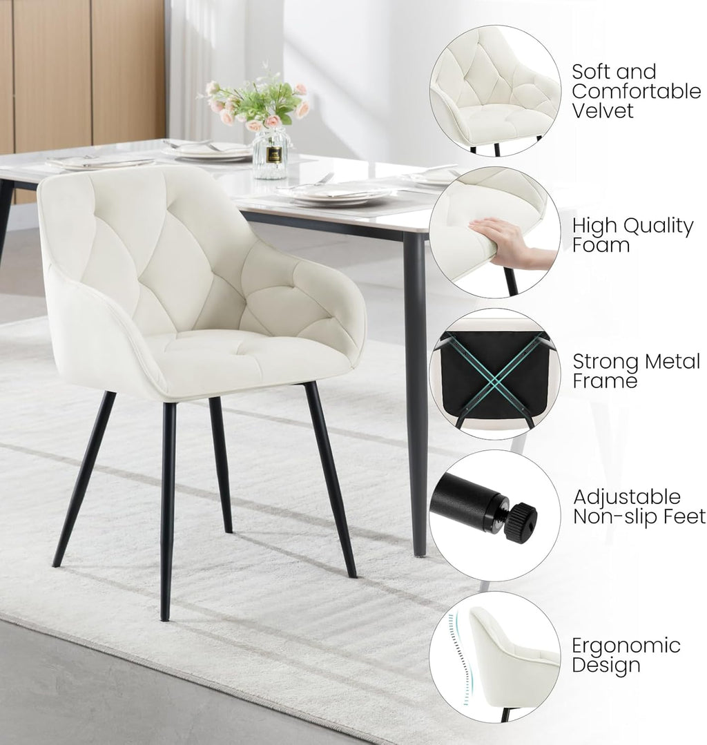 WOLTU Esszimmerstühle 2er Set, für Esszimmer Wohnzimmer, ergonomische Küchenstühle gepolstert mit Armlehnen, Metallbeinen, Sitzfläche aus Samt, Cremeweiß