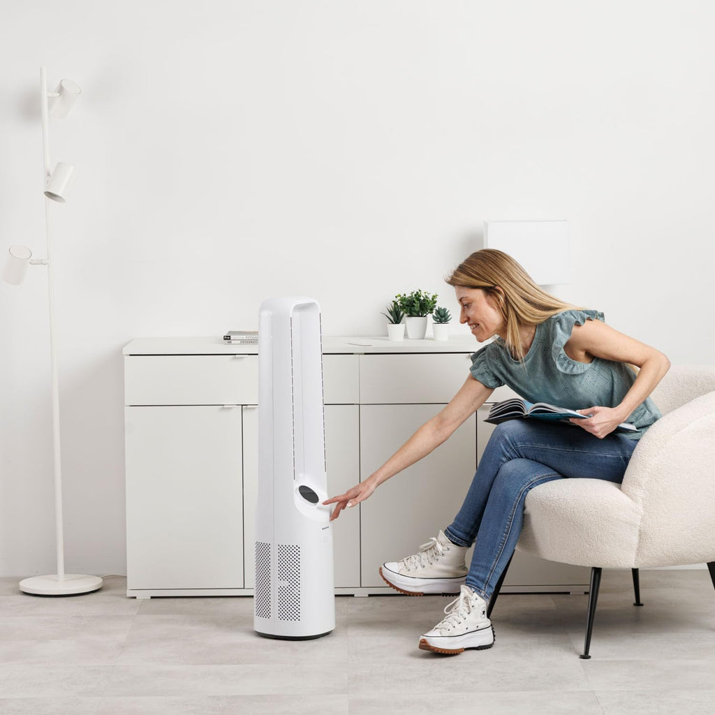 Taurus Babel Endless Turmventilator mit digitalem Brushless-Motor, sehr leise, 12 Geschwindigkeiten, LED-Touchscreen, Oszillation, 12-Stunden-Timer und Fernbedienung, Ventilator ohne A
