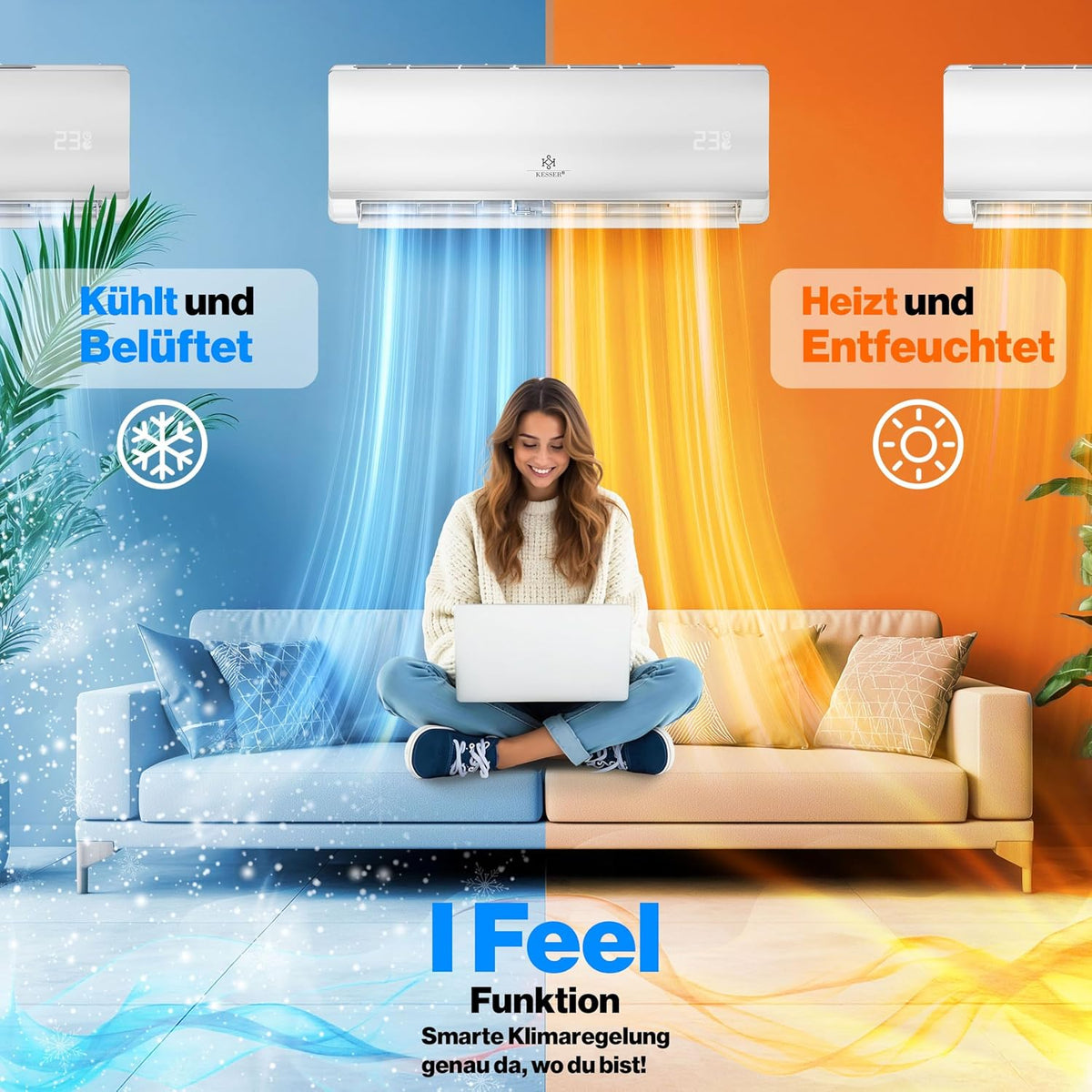 KESSER® Multisplit Klimaanlage 3 Innengeräte, 27000 BTU, Split Klimagerät Set mit WiFi/App, Heizen & Kühlen, Inverter, Eco-Modus, Luftentfeuchter & Ventilator, sehr leise, R32, Montagematerial
