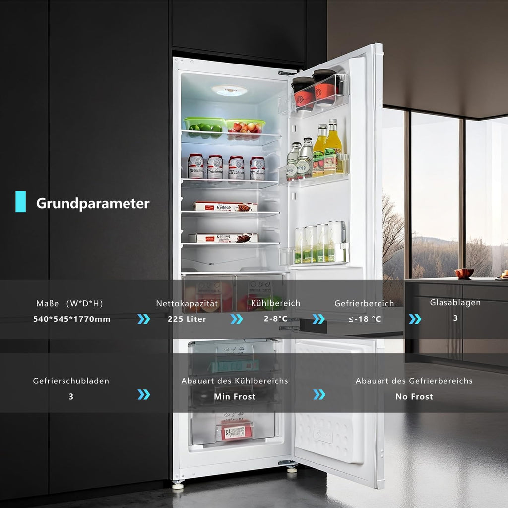 Einbaukühlschrank mit gefrierfach 177 cm hoch x 54 cm breit , 【 Nofrost Plus 】, kühl gefrierkombination einbau 178 kühlschrank | 225 L (181L/44L) | Energieeffizient | 5 hat | Leise | Türs Wechselbar