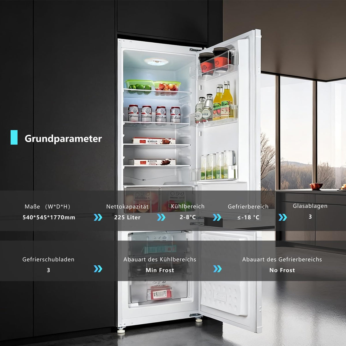 Einbaukühlschrank mit gefrierfach 177 cm hoch x 54 cm breit , 【 Nofrost Plus 】, kühl gefrierkombination einbau 178 kühlschrank | 225 L (181L/44L) | Energieeffizient | 5 hat | Leise | Türs Wechselbar
