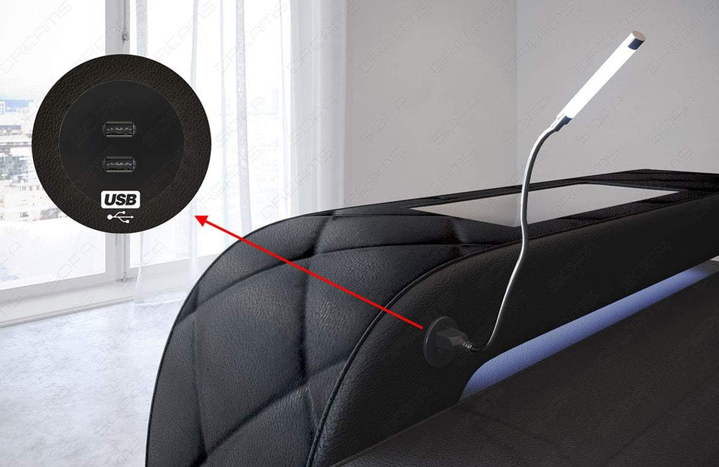 Sofa Bologna als Ecksofa in der L-Form Ledersofa mit USB-Anschluss Stauraum Beleuchtung Kopfstützen Designersofa Couch (Ottomane Links (auf Sofa blickend), White)