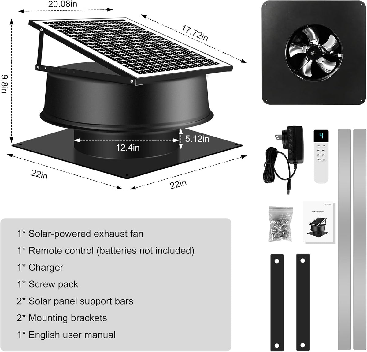 Solarbetriebener Dachventilator - 42W 59465 L/min Intelligenter Solar-Dachlüftungsventilator 1300RPM Hochgeschwindigkeits Solar Abluftventilator mit Fernbedienung für Gewächshäuser, Schuppen, Garage