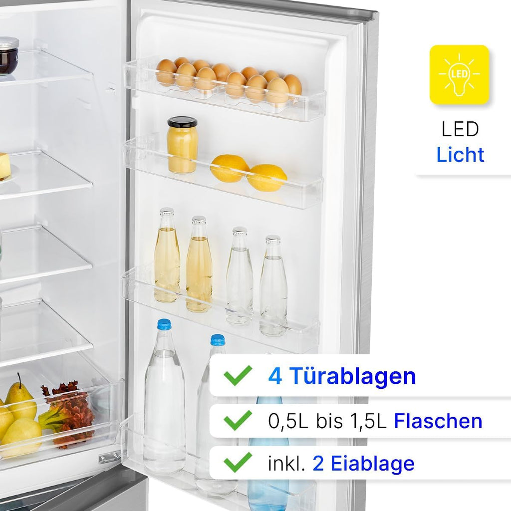 Bomann Kühlschrank mit Gefrierfach | Energieklasse D | 180cm | Kühl Gefrierkombination leise 39 dB | 4 Ablagen & 3 Schubladen | Türanschlag wechselbar | 269L Kühlgefrierkombi | KG 184.2 inox