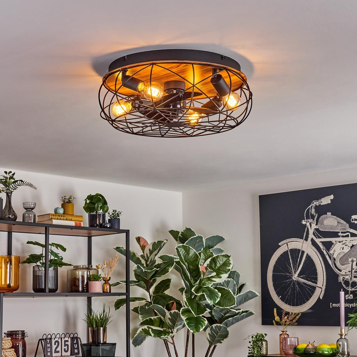 LED Deckenventilator Tourais, Ventilator aus Metall/MDF in Schwarz/Holzoptik, Deckenleuchte im Retro/Vintage-Design in Gitter-Optik, Lichteffekt u. Fernbedienung, Wohnzimmer, Schlafzimmer, Esszimmer