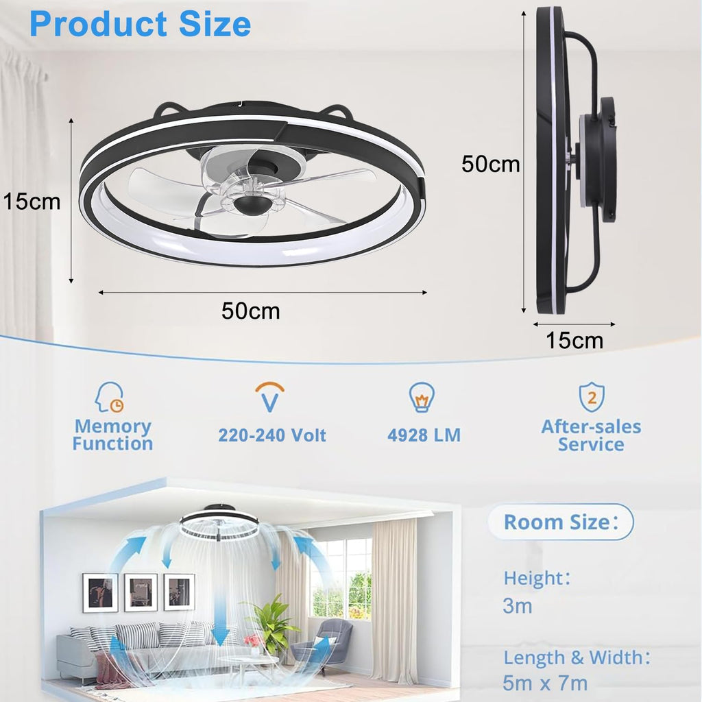LED Deckenventilator mit Beleuchtung und Fernbedienung, Leise, 64W APP Dimmbare Deckenleuchte mit Ventilator, Umkehrbare 6-Speed Lampe mit Ventilator, 5 Lüfterflügel, Timer, (Schwarz)
