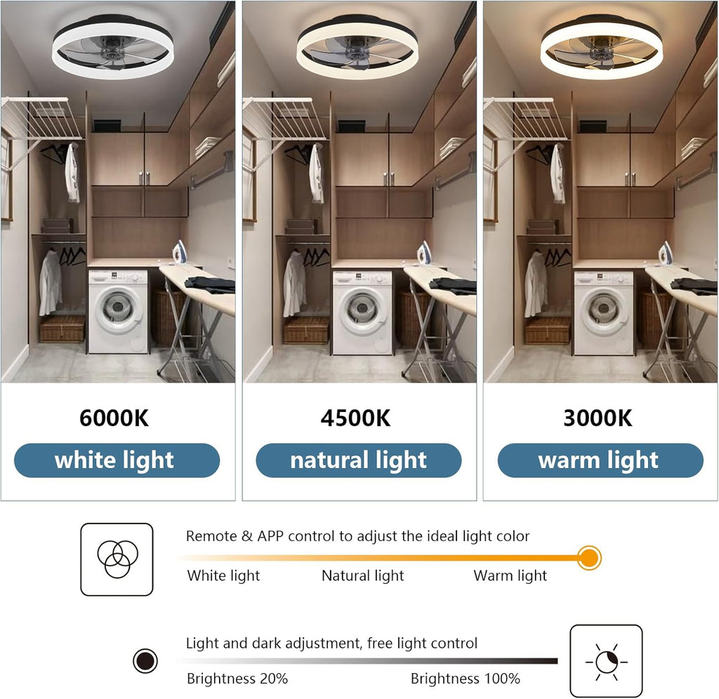 Deckenventilator mit Beleuchtung und Fernbedienung, LED Deckenleuchte Dimmbar, 3 Lichtfarben, 6 Windstufen, Moderne Lampe mit Ventilator Leise für Schlafzimmer Schwarz 50cm