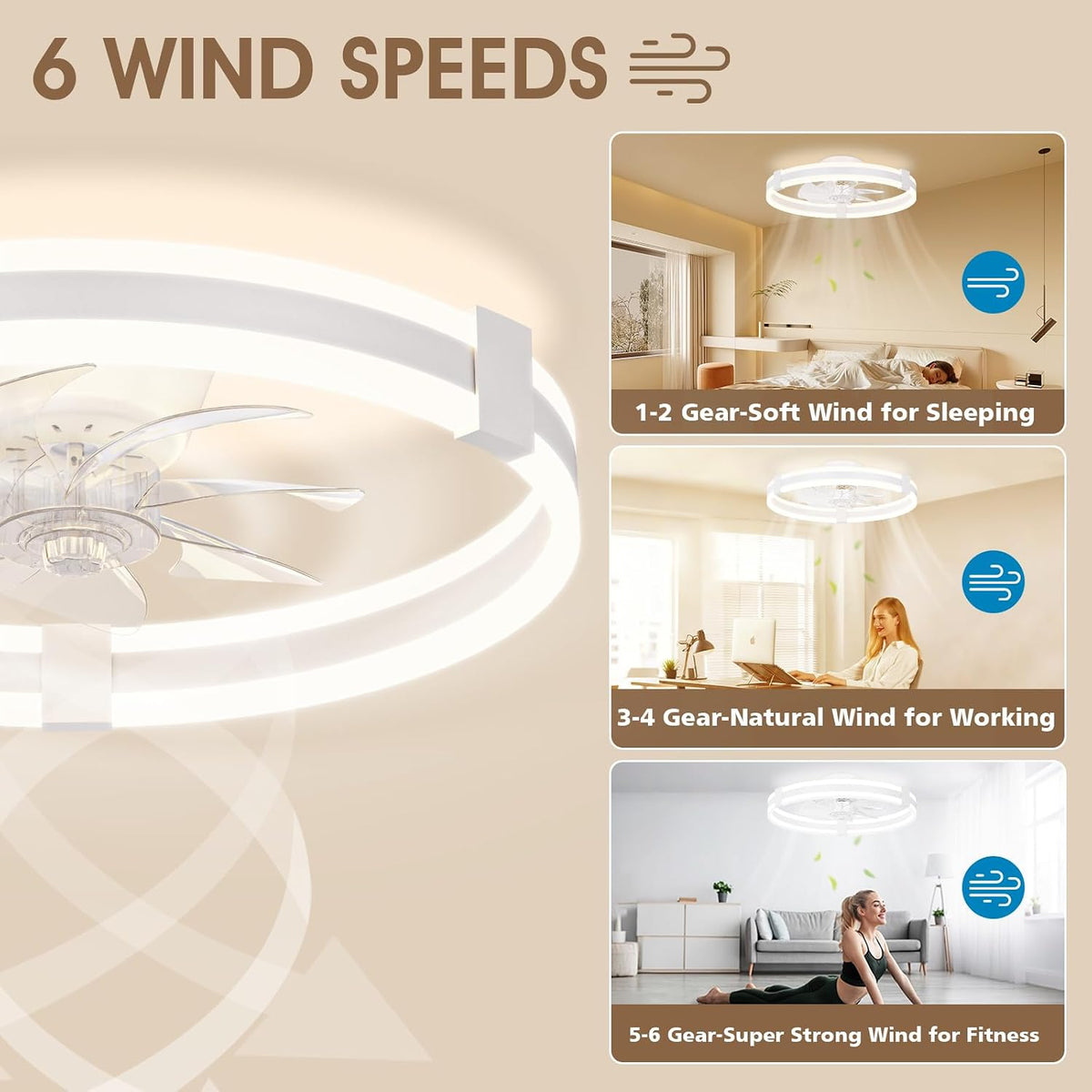 NIORSUN Ventilator Deckenleuchte,50CM LED Deckenventilator mit Beleuchtung,3 Farbtemperatur und 6 Geschwindigkeiten Deckenventilator mit Lampe,APP/Fernbedienung Dimmbar Ventilator Deckenlampe Weiß