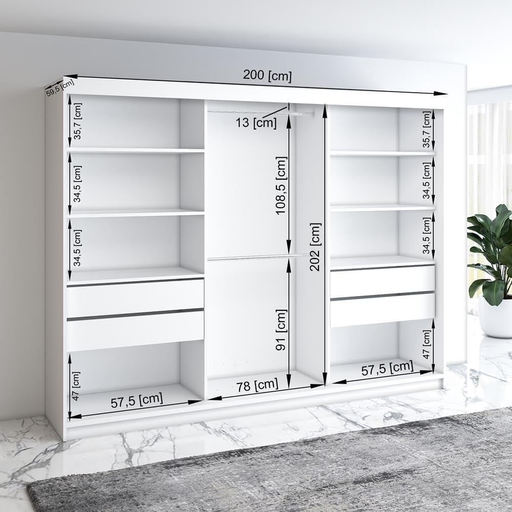 A&J MöbelLand Schwebetürenschrank ULMI Kleiderschrank 200 cm mit Spiegel und Schubladen, moderner Schlafzimmerschrank mit Schiebetüren (Weiß) OZ2190958