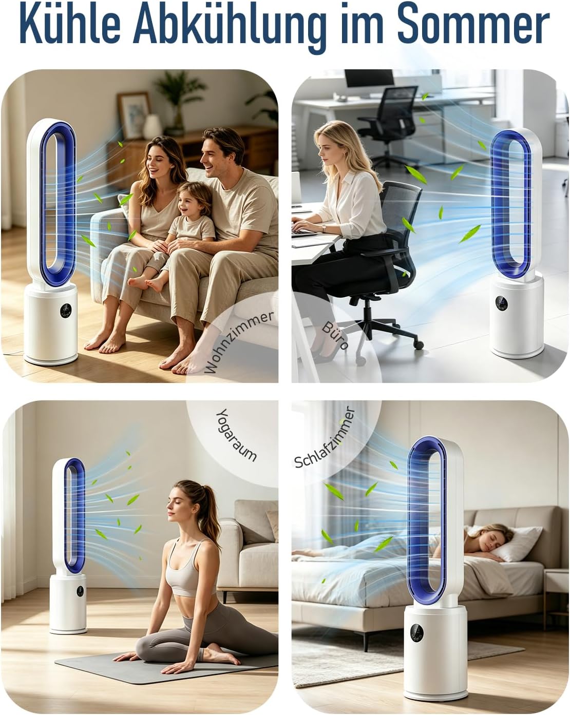 Rotorloser Ventilator, 24 Stufen Leiser Turmventilator Mit Fernbedienung & 12h Timer, Energiesparender DC-Motor, LED Display 60° Oszillierend Luftreinigung Für Schlafzimmer, Büro (Blau)
