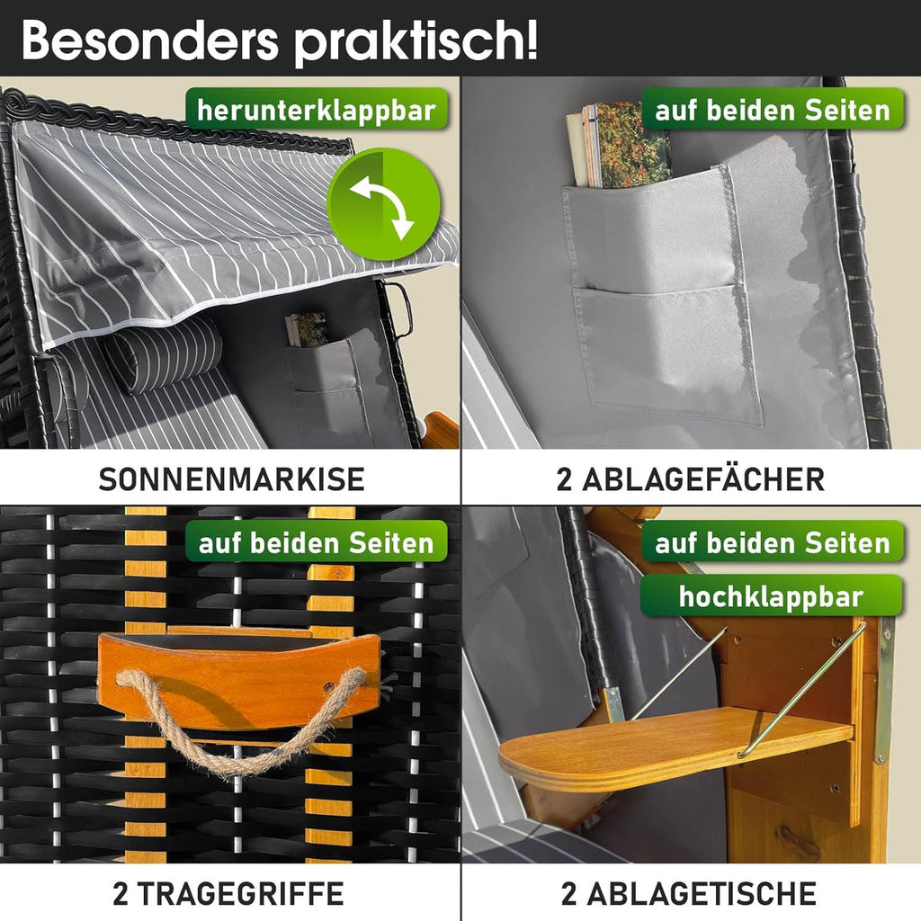 BRAST® Strandkorb Rügen Deluxe | für 2 Personen | 120cm breit | 5 Designs | inkl. wetterfeste Abdeckhaube | verstellbare Rückenlehne weiches Fußkissen | Anthrazit/Grau - gestreift