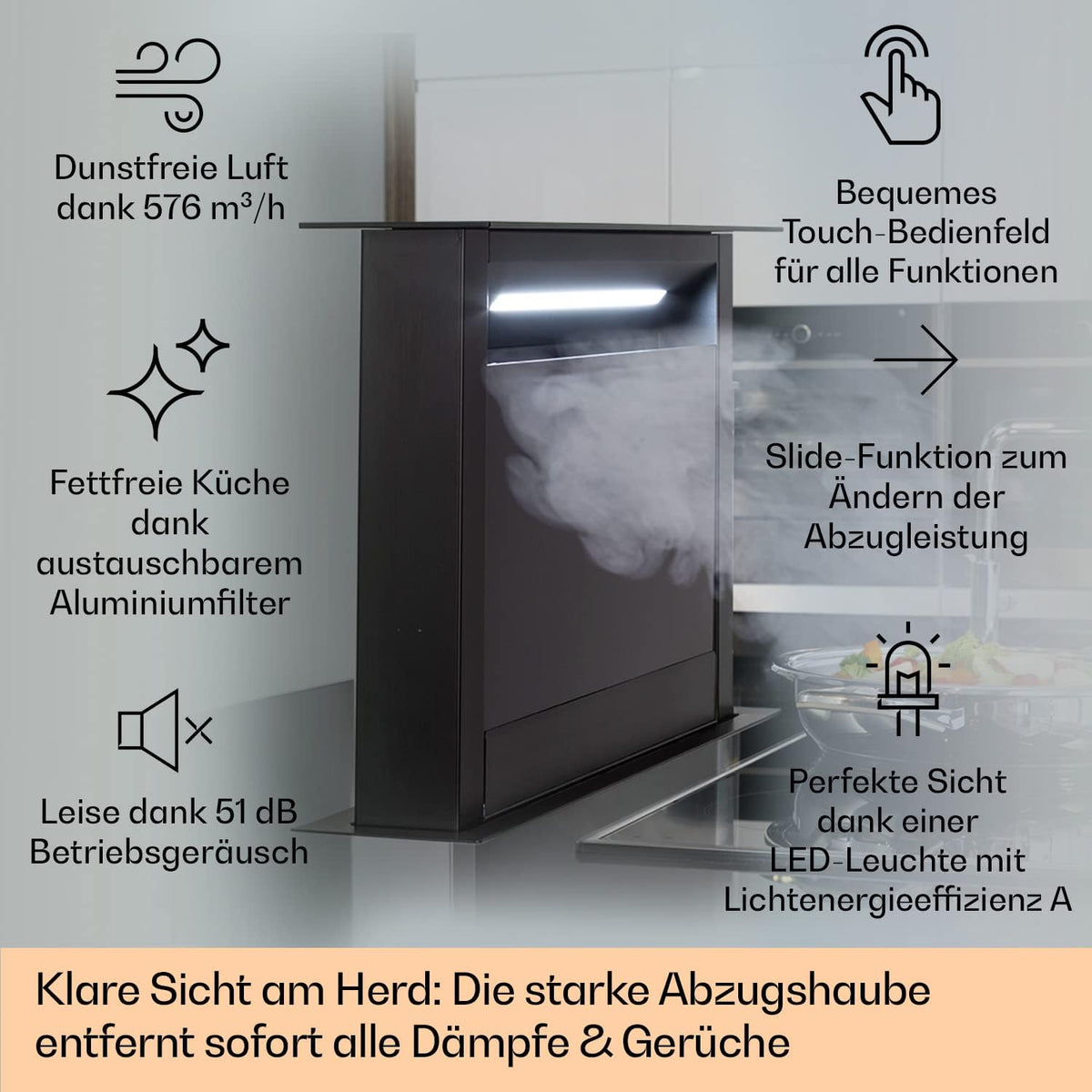 Klarstein Downdraft-Dunstabzugshaube, Versenkbare Abzugshaube, Leise Dunstabzugshauben mit Filter, Dunstabzugshaube 60cm, Umluft/Abluft Dunsthaube mit 10 Stufen, Dunstabzug 576 m³/h Luftstrom