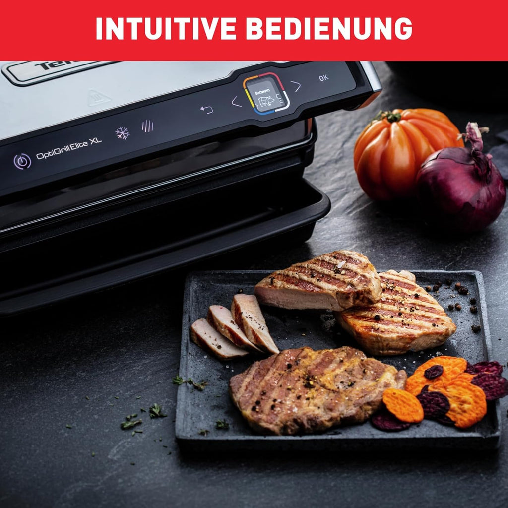 Tefal OptiGrill Elite XL Kontaktgrill, automatische Garzeitanpassung, perfekte Ergebnisse, 16 Programme, digitales Display mit Garstufenanzeige, abnehmbare XL-Platten, Elektrogrill, schwarz, GC760812