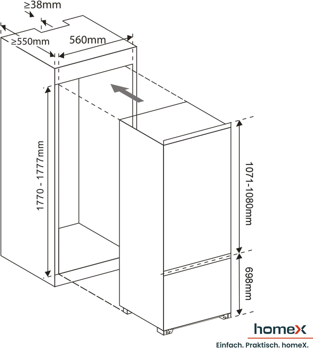 homeX CFB2491E Einbaukühlschrank mit Gefrierfach, Einbau Kühl Gefrierkombination, 178cm Nische - 249 Liter, Schlepptürtechnik, LED-Beleuchtung, leise 39 dB, Türanschlag wechselbar, 4-Sterne Gefrieren