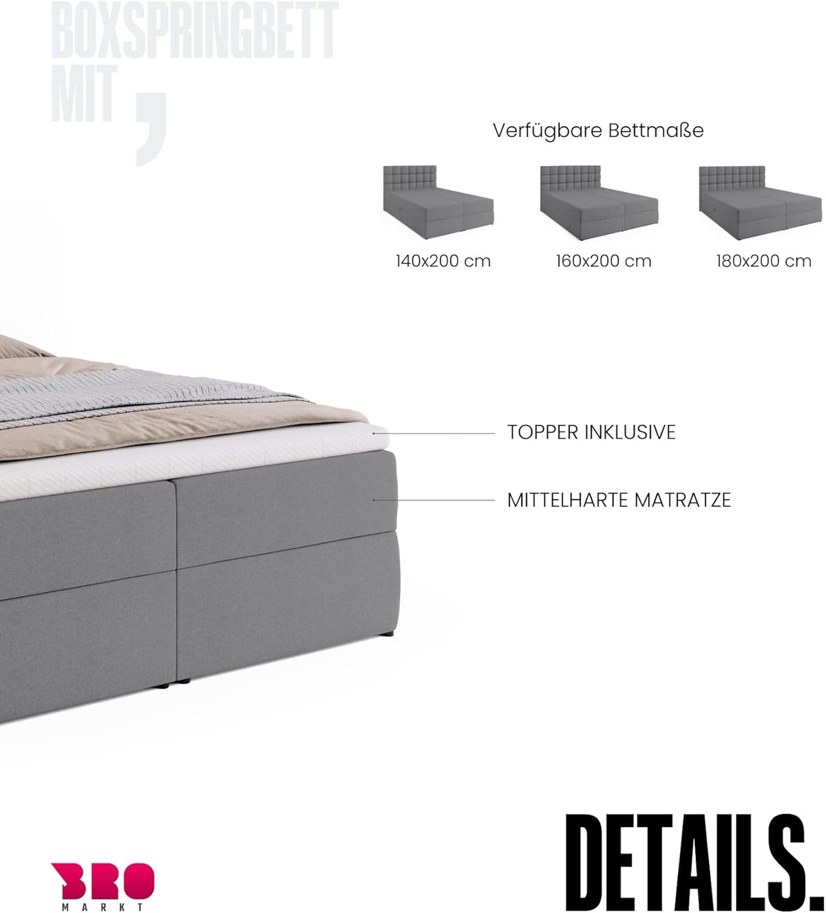 BROMARKT Boxspringbett mit Bettkasten Polsterbett mit Bonell-Matratze und Topper Bett für Schlafzimmer gepolstertes Kopfteil Dakota bonellfedern 140x200 Härtegrad H3 Grau Malmo