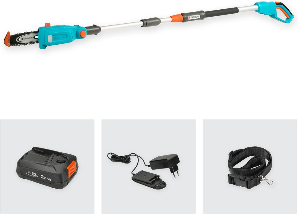 Gardena Akku-Teleskop-Hochentaster TCS 20/18V P4A Ready-To-Use Set: Astsäge für bis zu 4 m Reichweite, 20 cm Schwertlänge, abwinkelbarer Kopf, inkl. 18V P4A Akku & Tragegurt (14770-20)