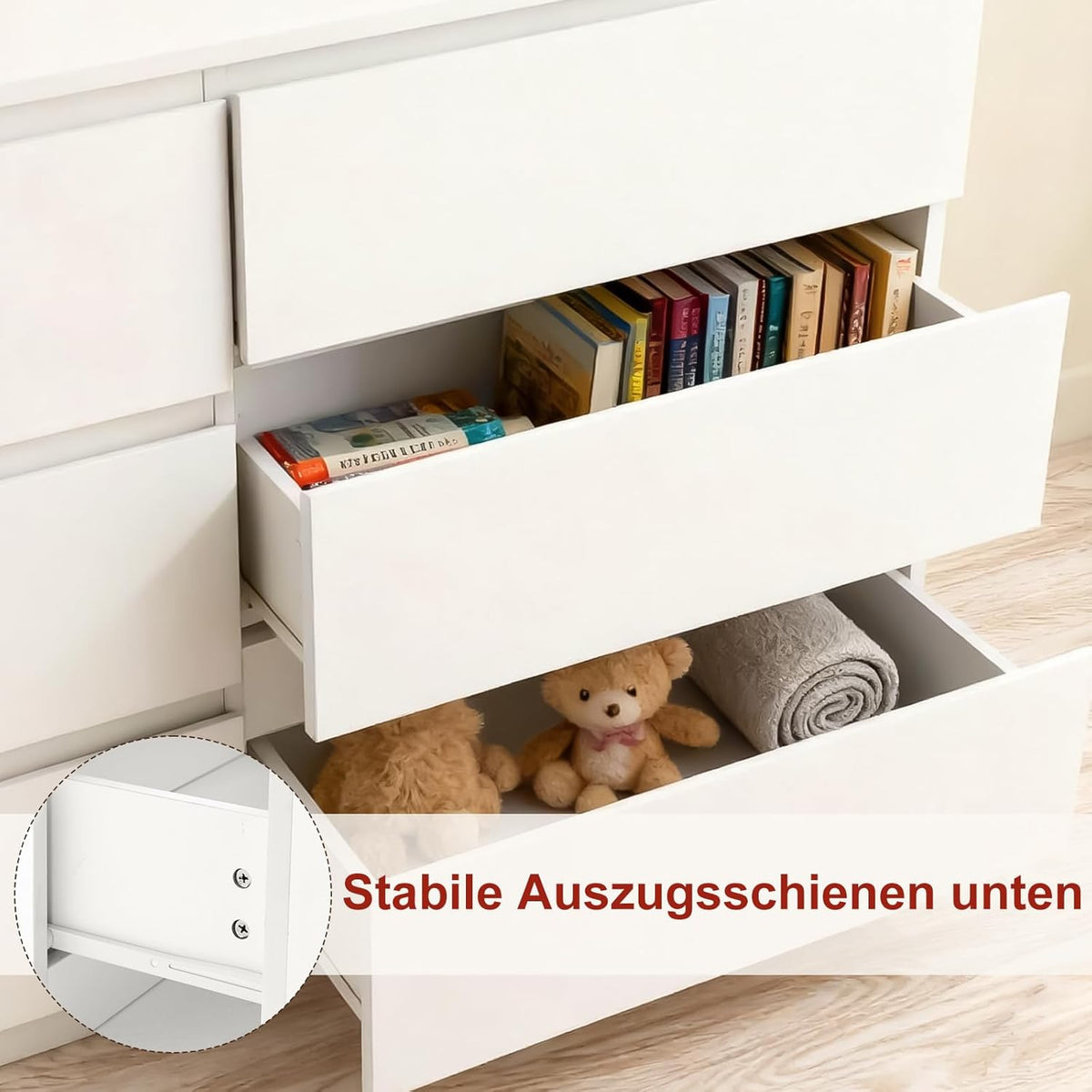 Sweetcrispy Kommode, Weißes Sideboard mit 6 Schubladen, 120×30×75cm, Viel Stauraum für Wohnzimmer, Flur & Schlafzimmer, Moderner Kommodenschrank