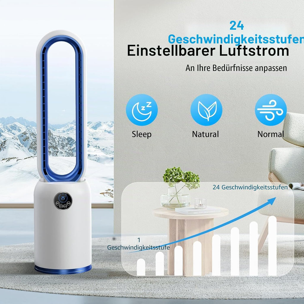 Turmventilator ohne Flügel 88cm – geräuschloser Standventilator mit 55W Motor, LED-Touchscreen & Fernbedienung, 12-Stunden-Timer, 90° oszillierend für Schlafzimmer & Büro (blau)