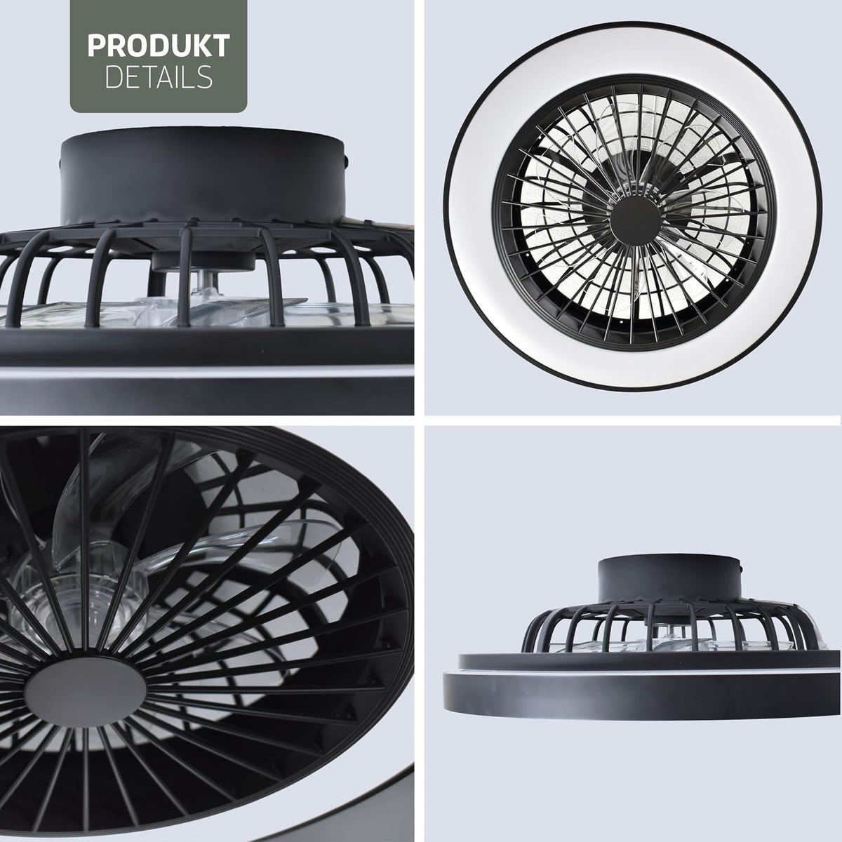 Varin® Smart Deckenventilator mit Beleuchtung, Deckenlampe mit Ventilator Schlafzimmer, Tuya WLAN, LED 30W RGBW, Ø 50 cm, Ventilator Leise, Fernbedienung, 3000K bis 6000K, Schwarz-Schwarz