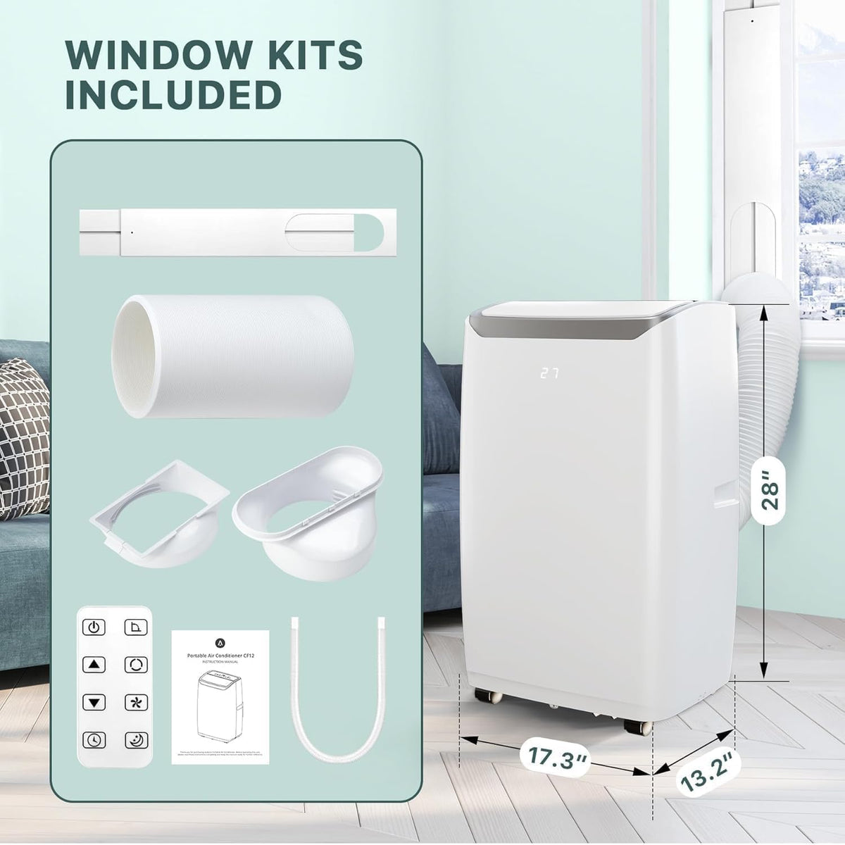 Tragbare Klimaanlagen, 12000 BTU Tragbarer AC für Räume bis zu 550 Sq.Ft, 3-in-1 AC mit schneller Kühlung, Luftentfeuchter & Drei-Geschwindigkeits-Lüfter, 24H Timer/Fernbedienung/Ultra Leise für