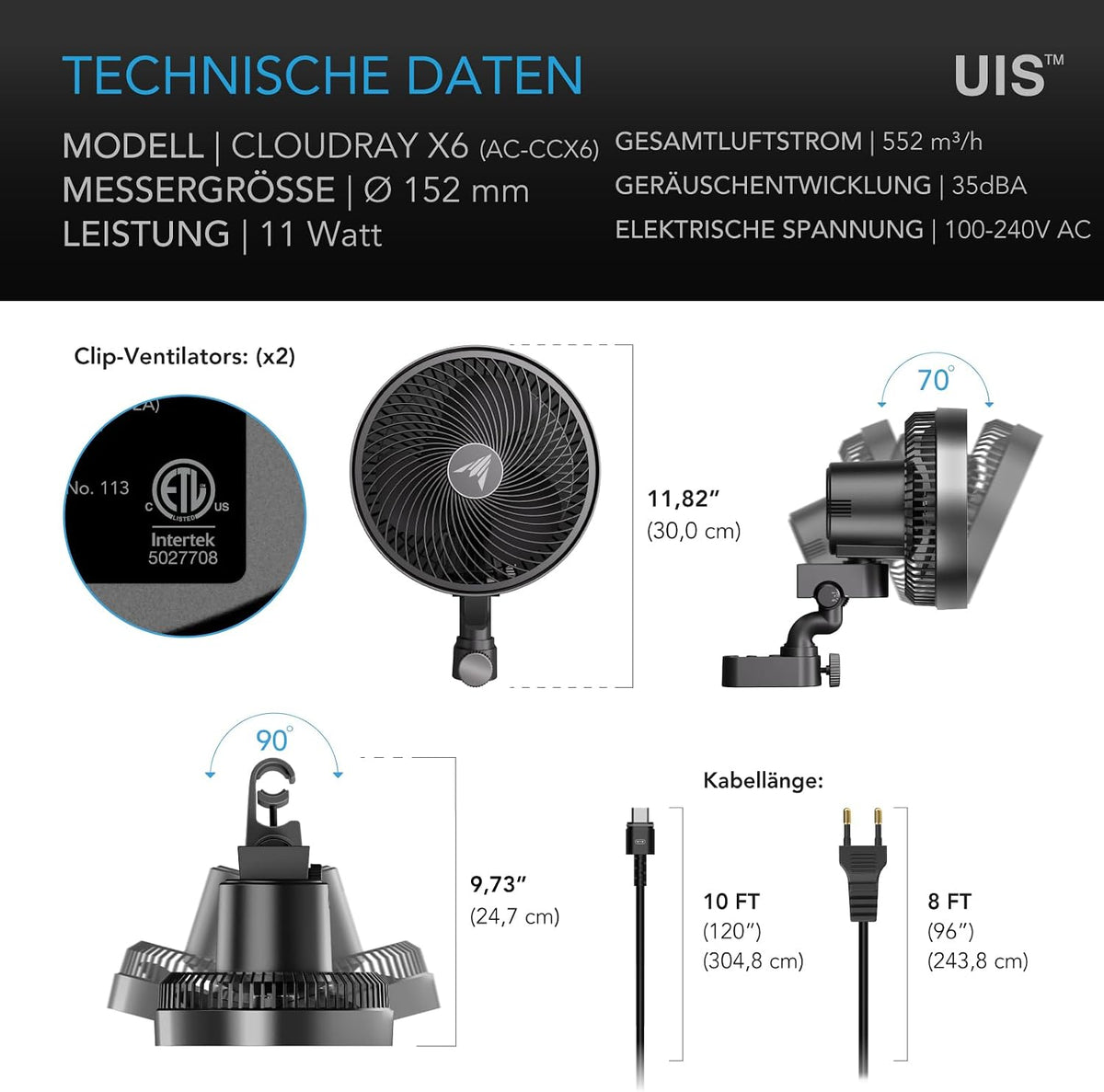 AC Infinity CLOUDRAY S6 (2er-Pack) – Clip-Ventilator 150mm für Grow Zelte, mit langlebigem EC-Motor, 10 Windstufen, 10 Oszillationsstufen, für Umluft und Kühlung im Indoor Grow