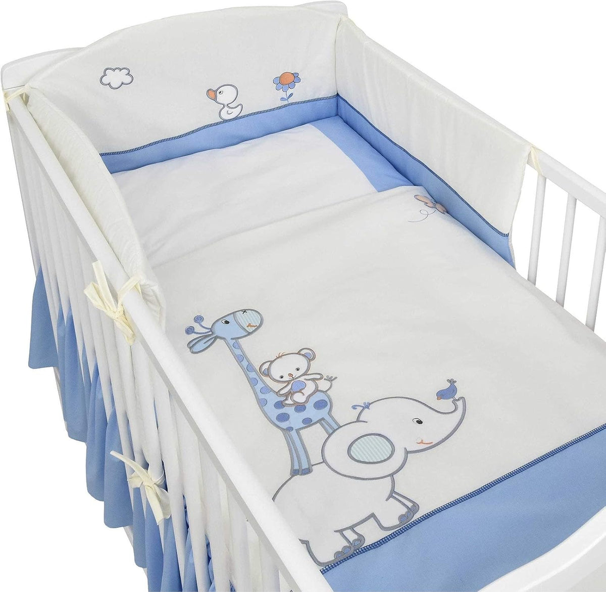Babybett Komplett Set Max Prince 60x120 weiß Kinderbett umbaubar zum Juniorbett inkl. Bettwäsche Set Komplett (Zirkus blau)