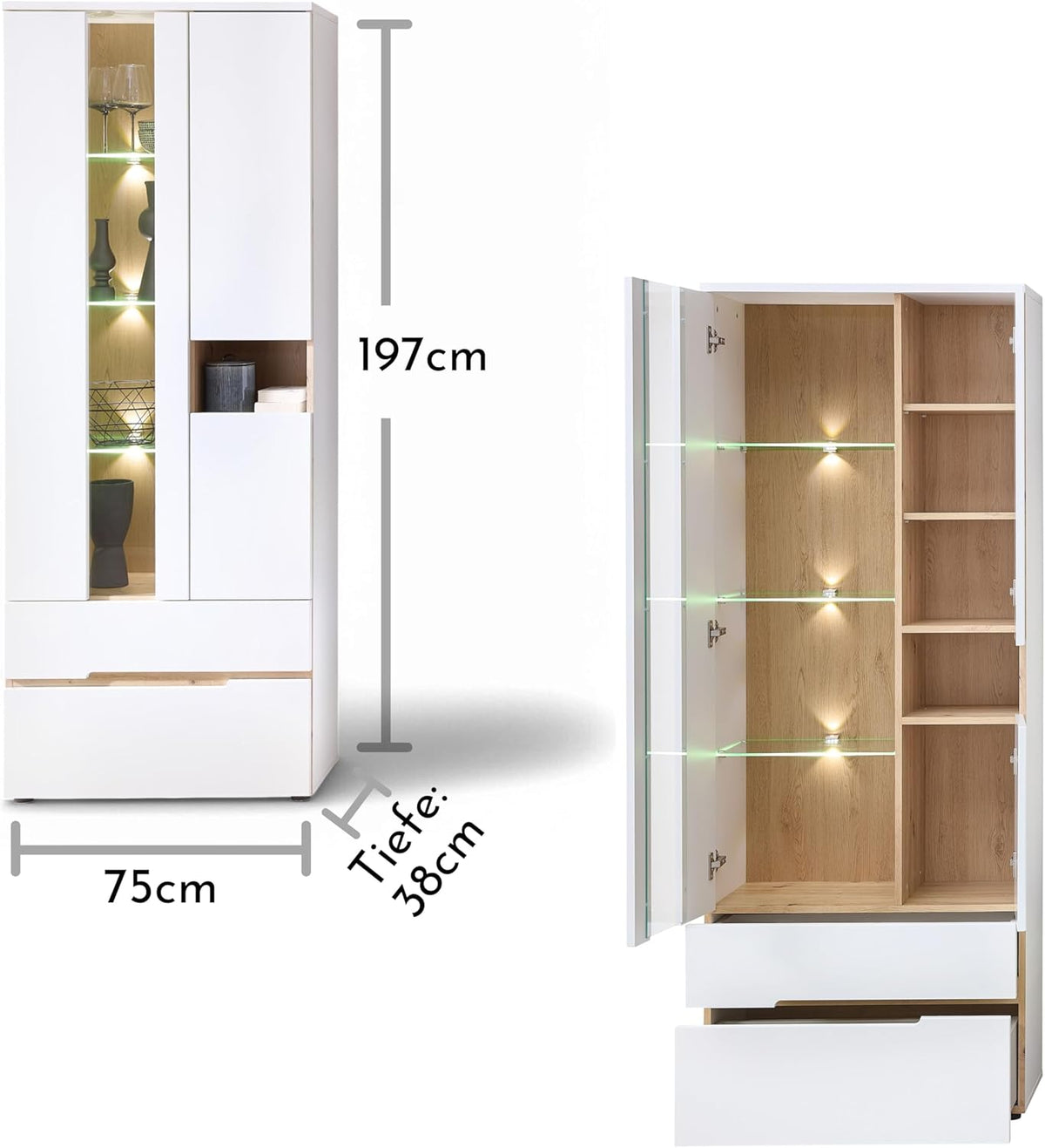 Stella Trading Memphis Vitrine in Weiß, Artisan Eiche Optik - Moderner Vitrinenschrank mit LED-Beleuchtung und viel Stauraum - 75 x 197 x 38 cm (B/H/T)