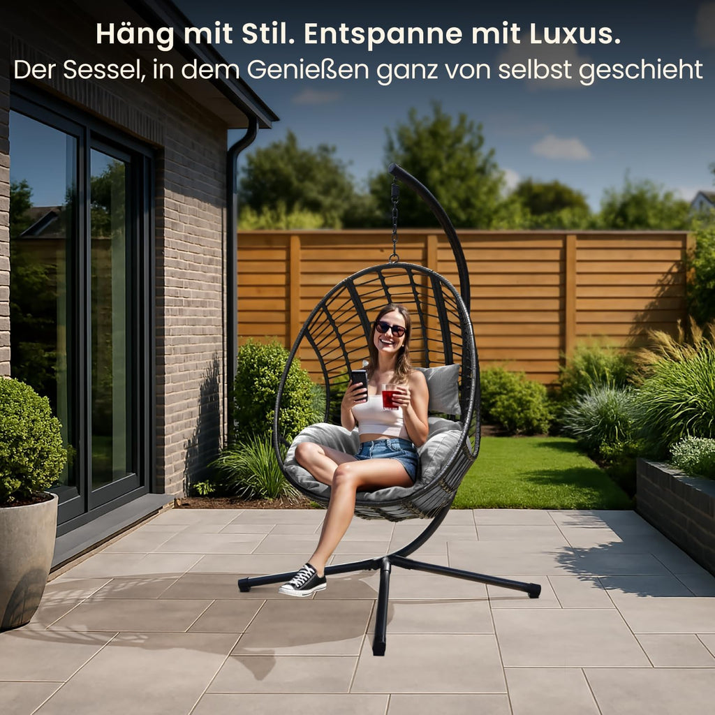 Swoods XXL Hängesessel mit Gestell - Hängesessel Für Indoor und Outdoor - Inkl. Kissen - Egg Chair - bis 150kg (Hellgrau)