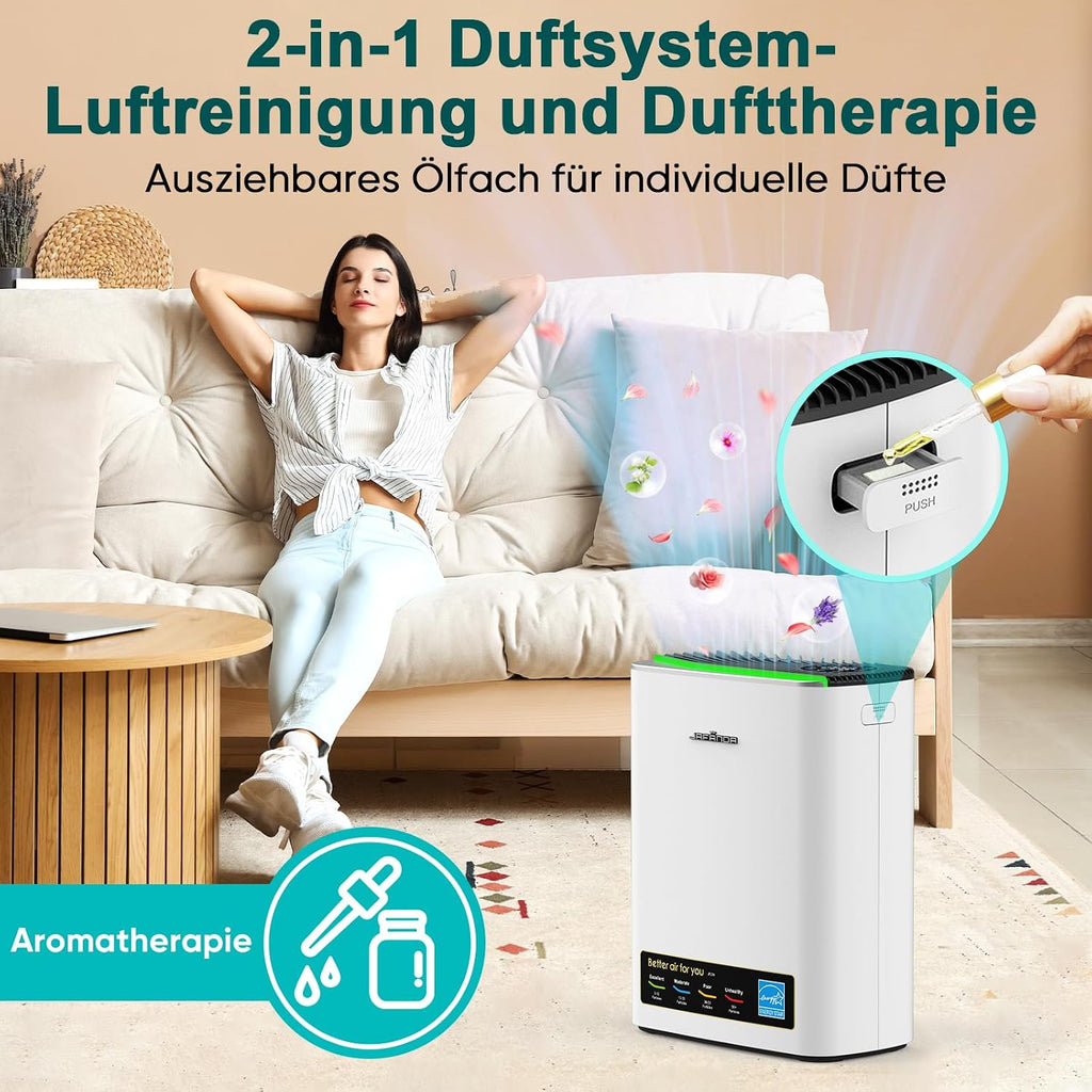 Luftreiniger HEPA für Allergiker, Raumluftreiniger mit Aromatherapie-Diffuser & Aktivkohlefilter, Entfernt 99,97% Schimmel, Staub, Pollen, Luftreiniger CADR 268 m³/h (Silber)