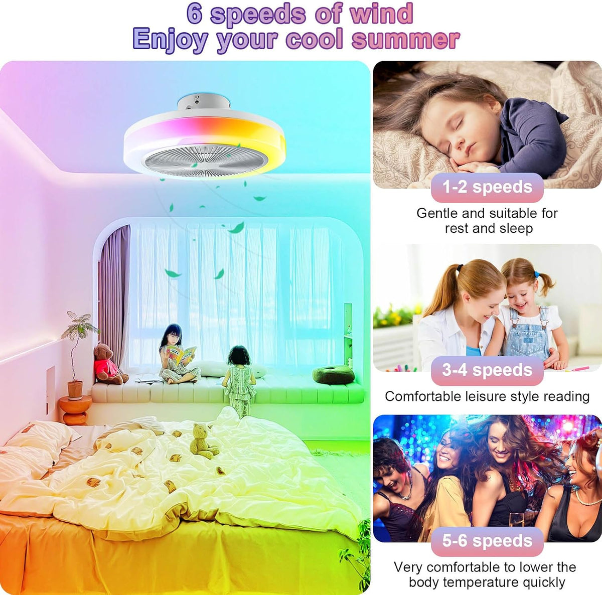 RGB Deckenlampe Mit Ventilator, Dimmbare LED Lichter, Leiser Moderner Fan Mit Beleuchtung, Fernbedienung und APP-Steuerung