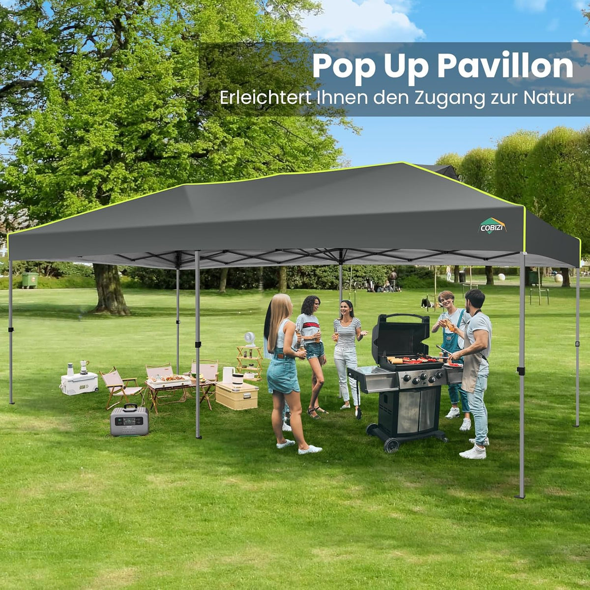 COBIZI Faltpavillon 3x6 Pavillon wasserdicht Winterfest, EIN-Tasten-Zentralverriegelung Partyzelt Faltbar Anti-UV mit Fluoreszierenden Streifen, 6 Seitenwänden, Gartenpavillon für Hochzeiten, Freien