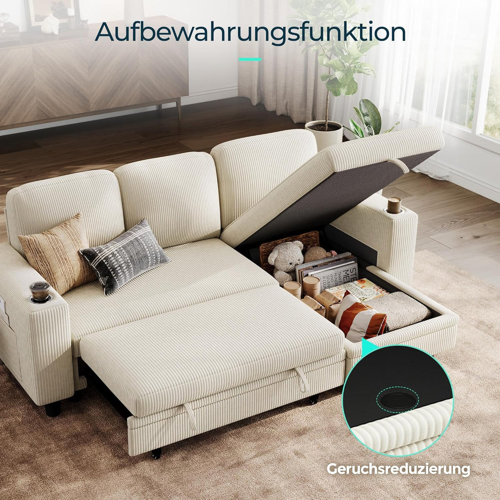 LINSY HOME Schlafsofa Ausziehbarer Couch, Ecksofa mit Schlaffunktion, Stauraum, Cord-Bezug L-Form Modulare Sofas mit Chaiselongue für Wohnzimmer und Wohnungen (Beige, L-Form)