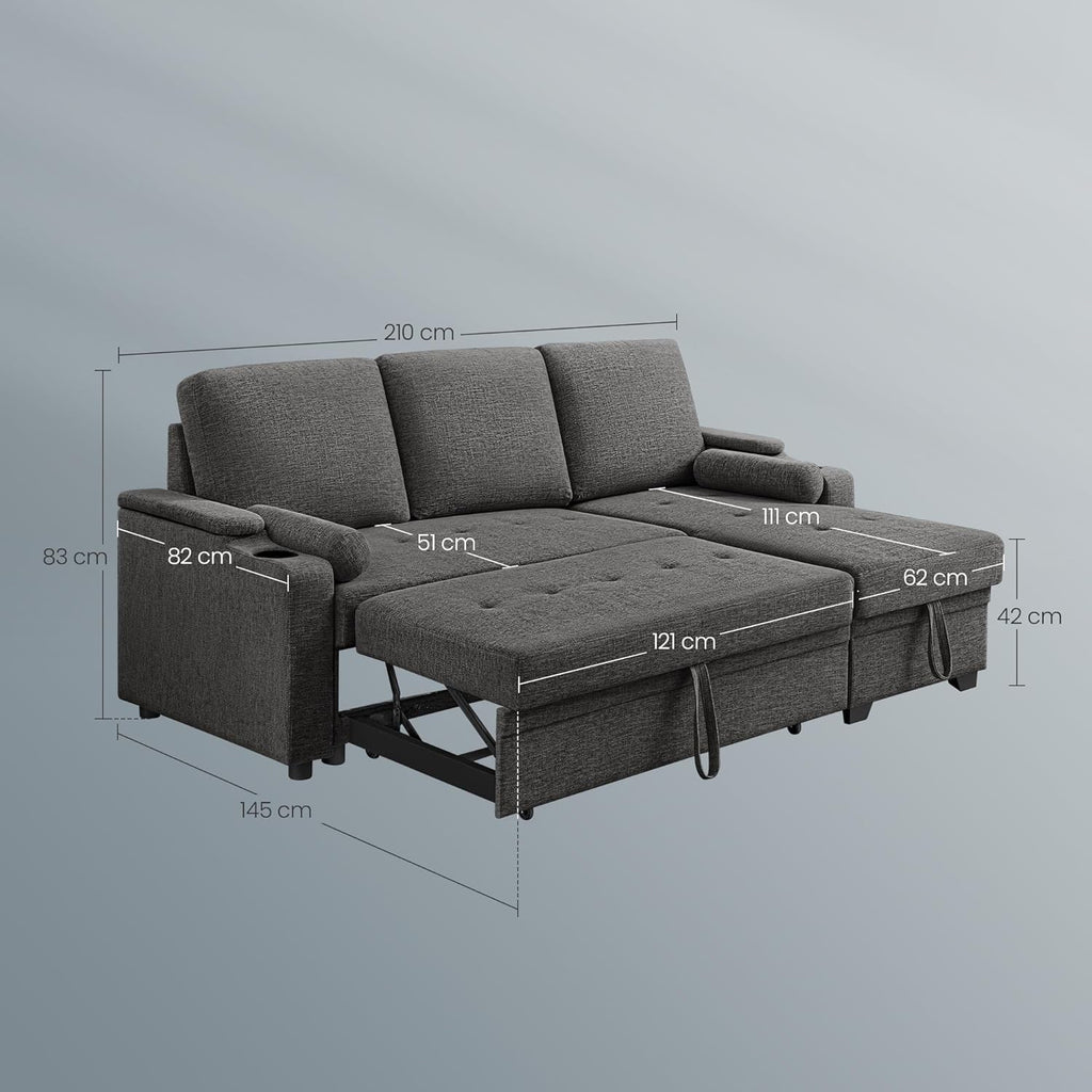 VASAGLE Schlafsofa, Schlafcouch, Bettsofa mit Stauraum, Polstermöbel, Bezug aus Baumwoll-Leinen-Mischgewebe, Becherhalter, modern, Gästezimmer, grau LCS801G01