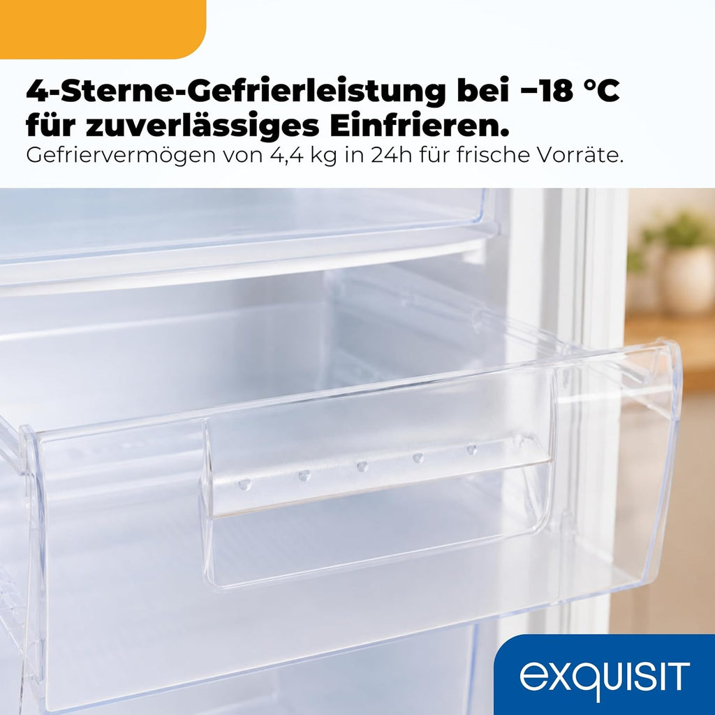 Exquisit Gefrierschrank | 91 l Nutzinhalt, Energieeffizienzklasse E, 40 dB(A) | kompakte Bauform, 4-Sterne-Gefrieren, manuelle Temperaturregelung, wechselbarer Türanschlag | GS512-040E weiss