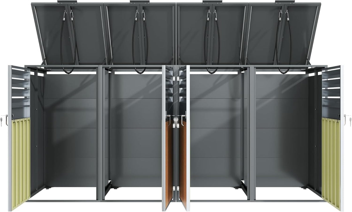 Mülltonnenbox 4Er für 4 Mülltonne Bis 240L mit Klappdeckel, Lüftungsöffnung Mit Lamellen, Trash Storage Compartments,Abschließbar, Zwei Türen, Garten Müllbox, Mülltonnenverkleidung,4 Bin