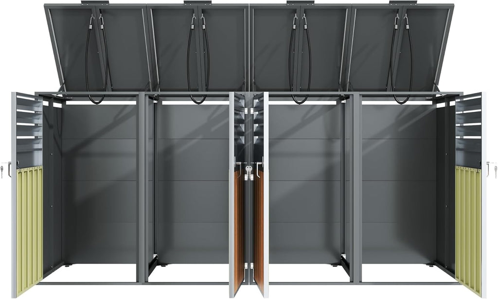 Mülltonnenbox 4Er für 4 Mülltonne Bis 240L mit Klappdeckel, Lüftungsöffnung Mit Lamellen, Trash Storage Compartments,Abschließbar, Zwei Türen, Garten Müllbox, Mülltonnenverkleidung,4 Bin