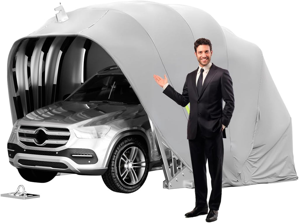 Allwetterfester Auto-Markise, Halbautomatische Faltgarage mit Zahlenschloss, Faltbarer Carport für den Außenbereich, 600D Oxford-Gewebe, Grau, L:5.5/5.9M