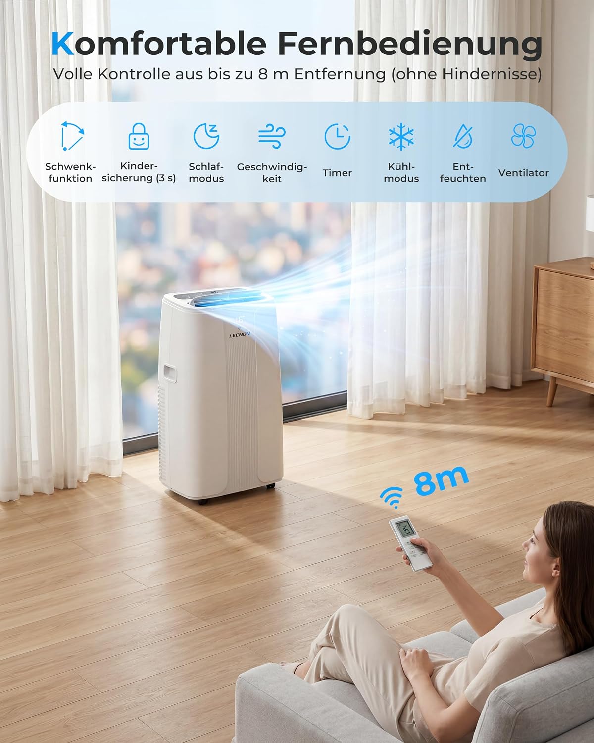 LEENON 14000 BTU Klimaanlage Mobil Klimagerät, 4 in 1 Kühlen Entfeuchten Lüftermodus Schlafmodus, Mobile Klima mit Abluftschlauch, Fernbedienung/24h Timer, Auto-Swing Air Conditioner, Für bis 50m²