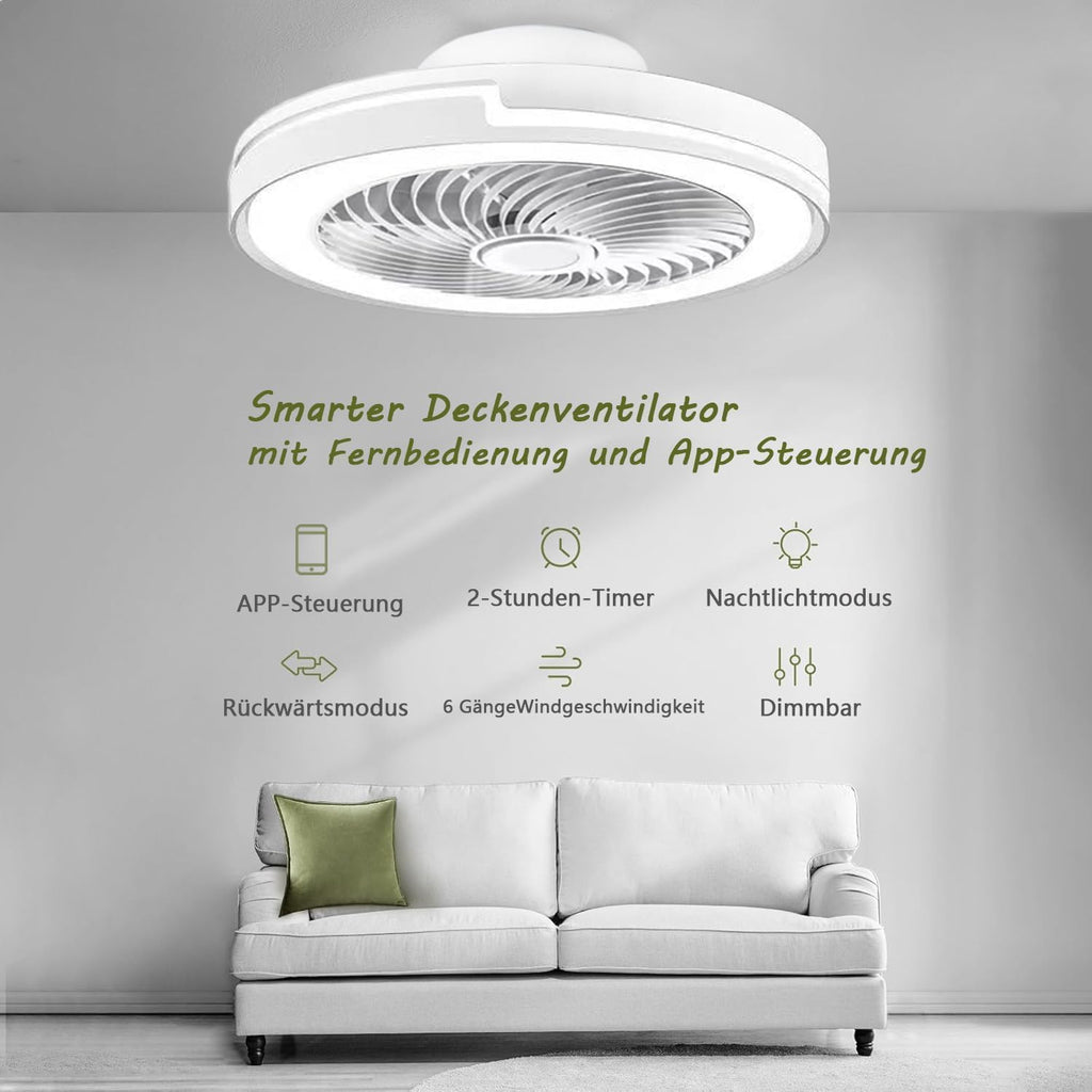 LED Deckenventilator mit Beleuchtung Leise 6 Windstufen, lampe mit ventilator, APP, Modernes Design deckenventilator mit licht für Wohnzimmer Schlafzimmer,(50CM，Weiß)