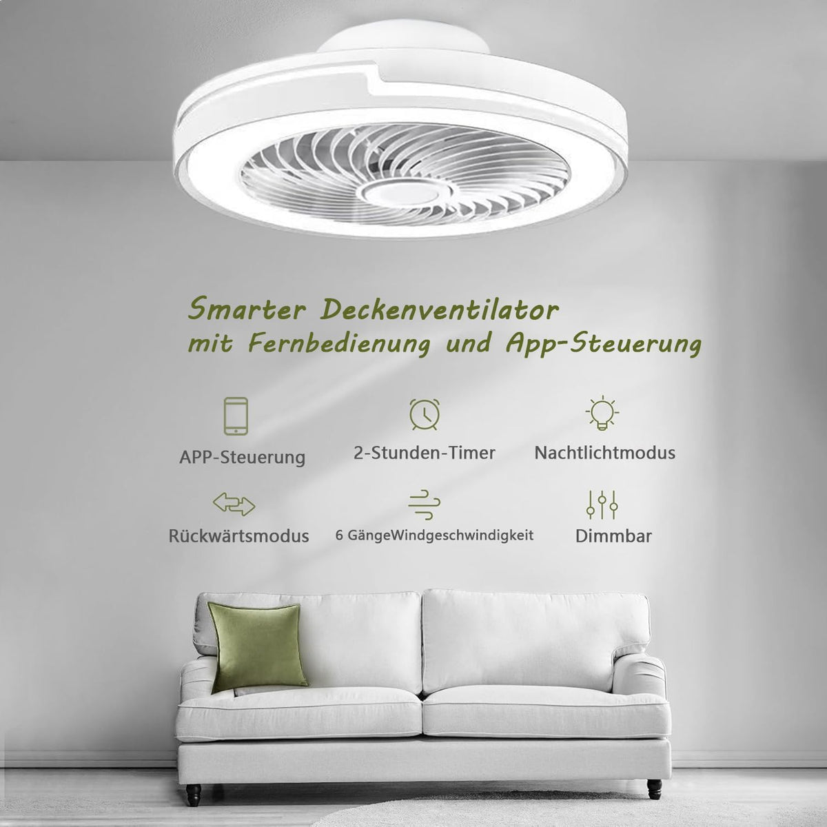 LED Deckenventilator mit Beleuchtung Leise 6 Windstufen, lampe mit ventilator, APP, Modernes Design deckenventilator mit licht für Wohnzimmer Schlafzimmer,(50CM，Weiß)