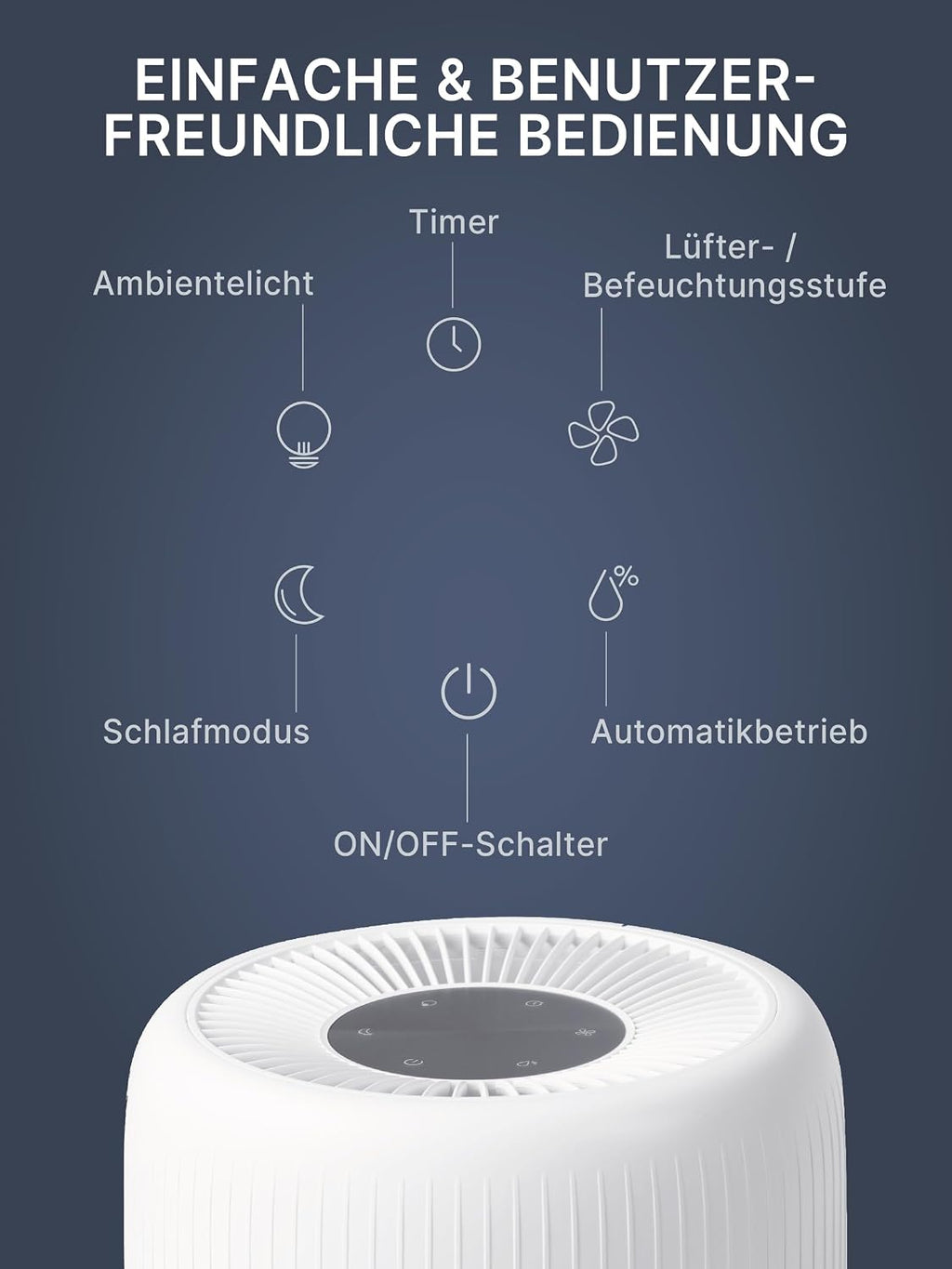 Comedes Umecto 600, für Räume bis 82m², Kaltverdunstung, Tank 4 l, Befeuchtungsleistung bis zu 600 ml/h, 7 Farben Luftfeuchtigkeitsindikator, Automatikmodus, Smart-Home fähig