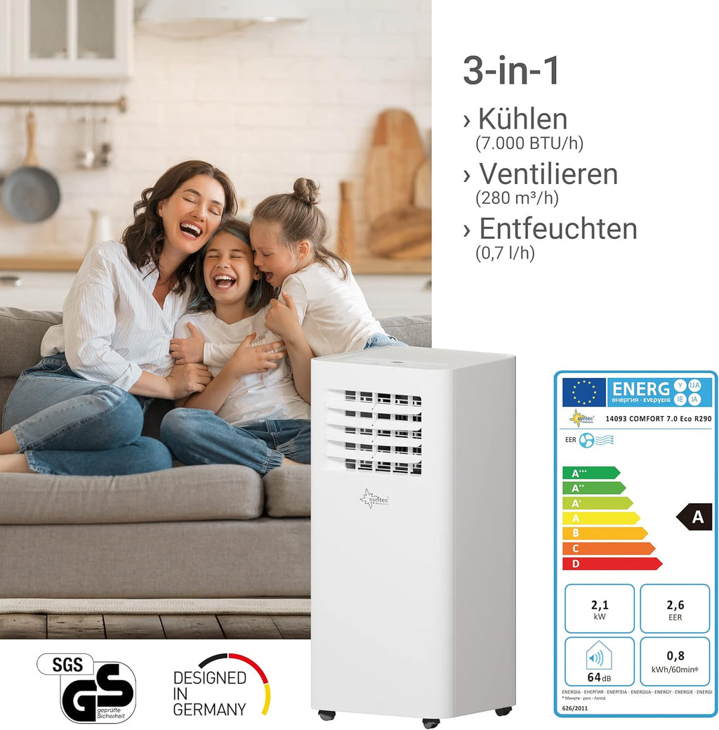 SUNTEC Mobiles Klimagerät Impuls 2.6 Eco R290 – Klimaanlage mobil und leise mit Abluftschlauch – Kühler & Entfeuchter für Räume bis 34 qm – Mobile Kühlung für Wohnung & Büro – 9.000 BTU | 2600 Watt