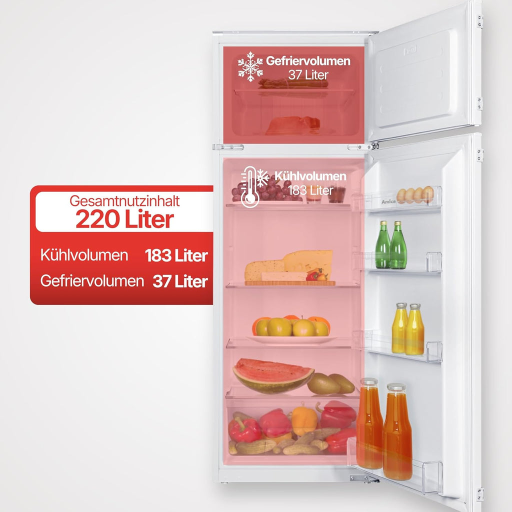 Amica Einbau-Kühlschrank mit Gefrierfach oben, Doppeltür, 145 cm Nische, Schlepptür-Technik, elektronische Steuerung, Inverter-Motor, LED-Beleuchtung