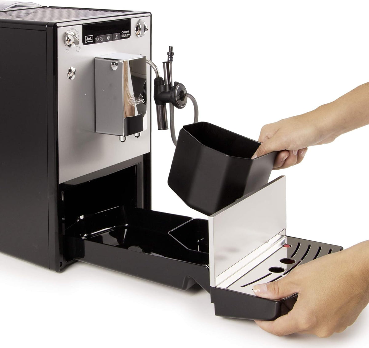 Melitta Caffeo Solo & Perfect Milk E957-103 Schlanker Kaffeevollautomat mit Auto-Cappuccinatore | Automatische Reinigungsprogramme Silber + Milchlanze für Kaffeevollautomaten, Edelstahl, Schwarz
