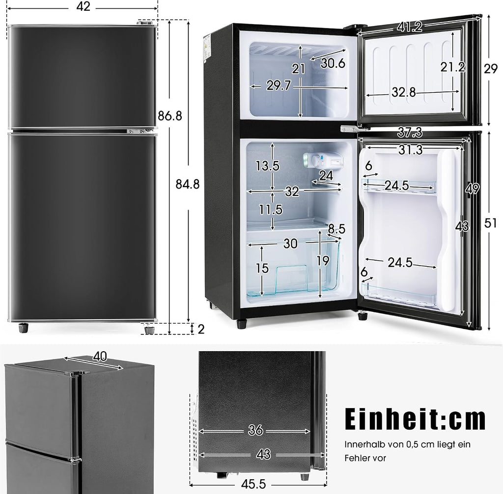 Kühl-Gefrierkombination, Doppeltür, 60 Liter(22 Liter Gefriervolumen, 38 Liter Kühlvolumen 102 kWh/Jahr, LED-Licht，Schwarz