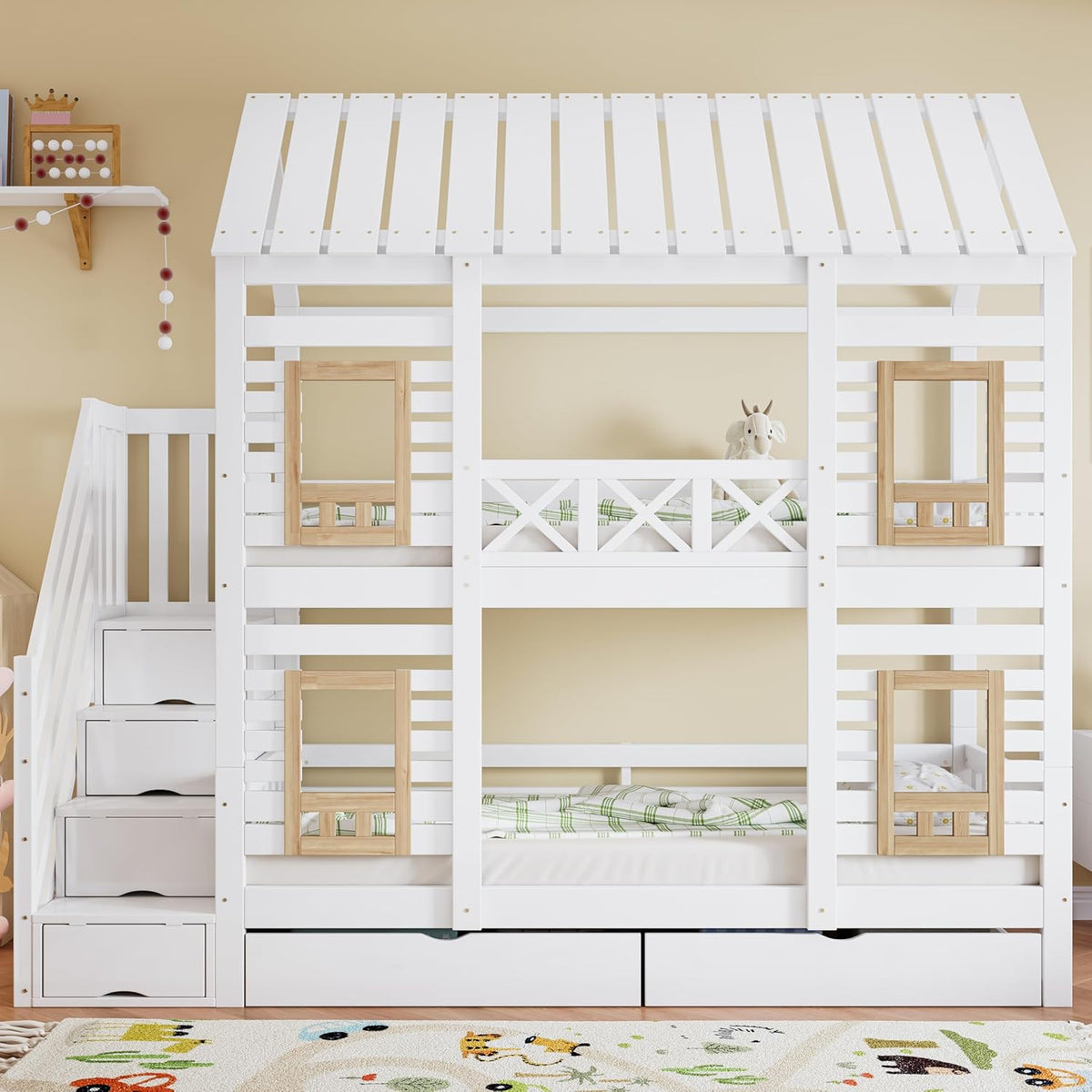 Kinderbett Etagenbett 90 x 200, Hausbett für 2 Kinder, Hochbett mit Lattenrost, Treppe mit 4 Ablagefächern, Rausfallschutz, Zwei Schubladen mit Rollen, Baumhaus Bett mit Fenster und Dach