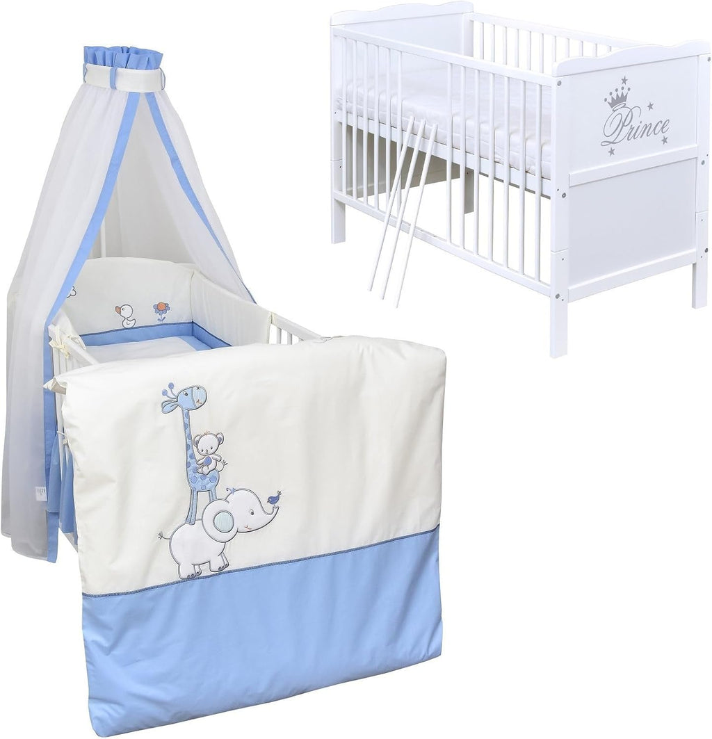 Babybett Komplett Set Max Prince 60x120 weiß Kinderbett umbaubar zum Juniorbett inkl. Bettwäsche Set Komplett (Zirkus blau)