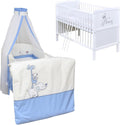 Babybett Komplett Set Max Prince 60x120 weiß Kinderbett umbaubar zum Juniorbett inkl. Bettwäsche Set Komplett (Zirkus blau)