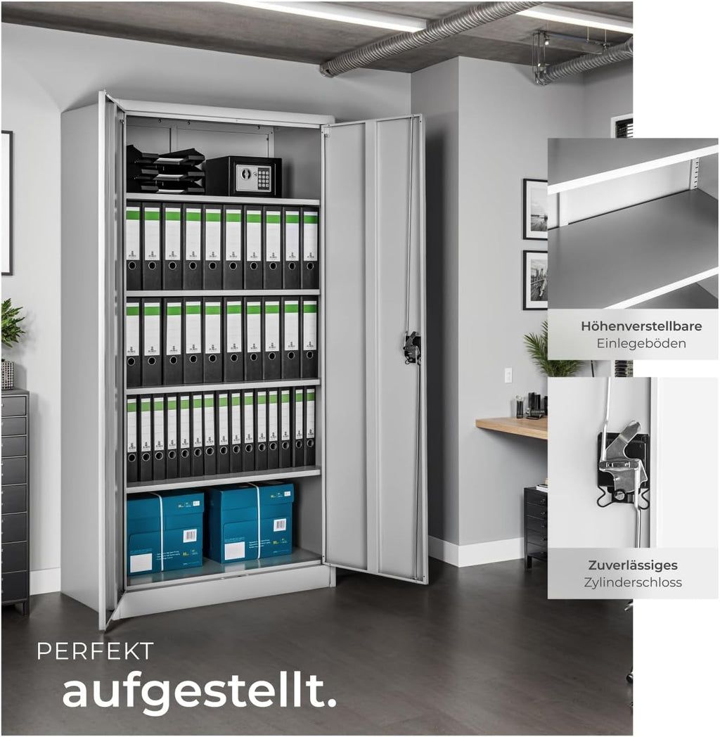 tectake® Aktenschrank, Büroschrank abschließbar, Mehrzweckschrank aus Stahl, Allzweckschrank mit 2 Türen, inkl. 3 höhenverstellbare Einlegeböden, Aktenschrank abschließbar 180x80x40 cm - grau