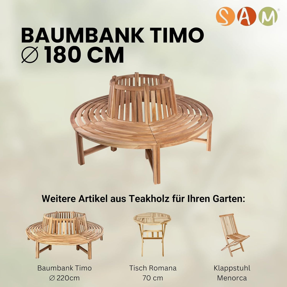 SAM Baumbank Timo, 360° kreisrunde Gartenbank, Teakholz massiv, Holzbank aus Massivholz, Sitzbank für den Garten, Durchmesser 180 cm, komplette Rundbank